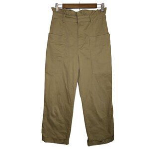 Zara Womens Hi Rise Paperbag Waist Pants Small Green Wide Leg Cuff Cargo Stretch